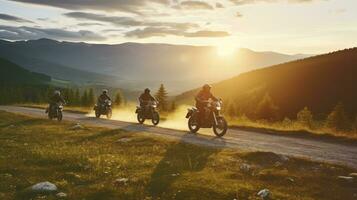 AI generated The group of bikers in the evening light. Picturesque and dramatic scene. Explore the world's beauty photo