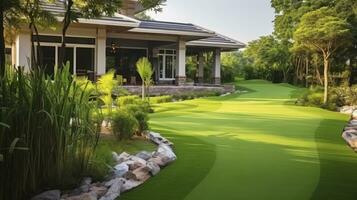AI generated Backyard Greens - The Architectural Marvel of a Home Golf Course with Lush Artificial Grass Fields photo