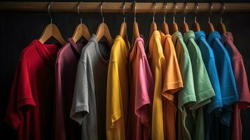 AI generated Choice of fashion clothes of different colors on hangers photo