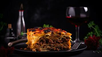 AI generated Piece of tasty hot lasagna with red wine. Small depth of field. Traditional italian lasagna. Italian food. Food on black plate. Bolognese sauce. Bechamel sauce photo