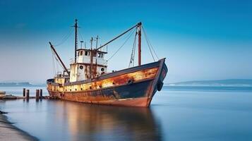 AI generated Old ship in front of pier in long exposure of water in summer day, Generative AI photo