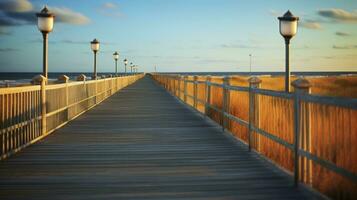 AI generated A Journey Along the Detailed Boardwalk Pier with Stunning Ocean Vistas photo