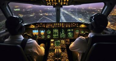 AI generated Pilots and airplane instruments are inside cockpit. Cityscape and airport are seen outside cockpit. photo