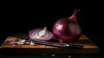 AI generated Wooden board with cut red onion and knife on dark background photo