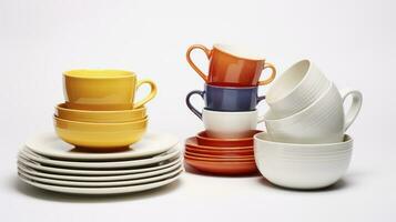 AI generated A Variety of Ceramic Plates, Alongside a Kettle and Cups, Presented on a White Background photo
