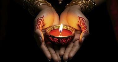 ai generado el sereno imagen de un mujer cubierto de henna manos participación un vela, en contra un rígido negro antecedentes foto