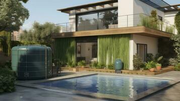 AI generated Nature and Nurture - Exterior Of Villa With Rainwater Tank In Garden photo