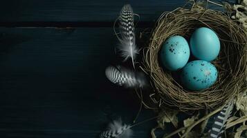 AI generated Easter eggs, feathers in a nest on a blue wooden background. The minimal concept. Top view photo