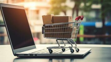 AI generated paper boxes parcel in a cart trolley on laptop in shopping online concept photo