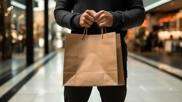 AI generated Mid section of a man holding shopping paperbag in the mall bokeh blur background photo