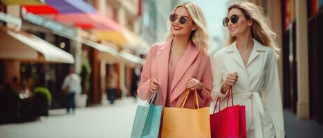 ai generado elegante señoras vistiendo zanja Saco y Gafas de sol caminando con compras pantalones cerca el almacenar, consumismo concepto foto