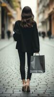 AI generated Rear view of brunette woman holding shopping bag with blur bokeh outdoors background. photo