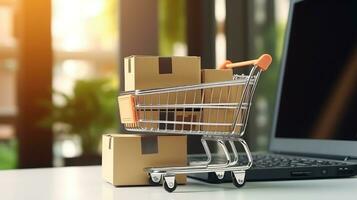 AI generated paper boxes parcel in a cart trolley on laptop in shopping online concept photo