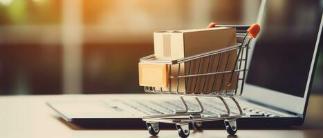 AI generated paper boxes parcel in a cart trolley on laptop in shopping online concept photo