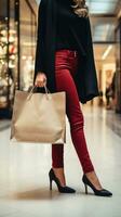 AI generated Mid section of modern shopper with shopping paperbag in the mall bokeh blur background photo