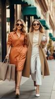 AI generated Stylish ladies wearing trench coat and sunglasses walking with shopping bags near the store, consumerism concept photo