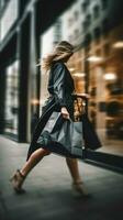 AI generated Blurred motion of woman walking and holding black paper shopping bag photo