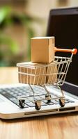 AI generated paper boxes parcel in a cart trolley on laptop in shopping online concept photo