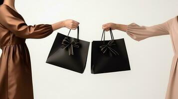 AI generated Mid section of two women holding black shopping bags on white light background photo