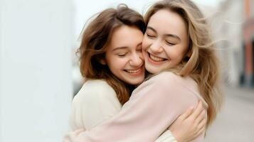 AI generated Happy meeting of two female friends hugging for National Hugging Day photo