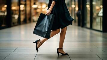 AI generated Blurred motion of woman walking and holding paper shopping bag in back view photo