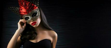 AI generated Beautiful Woman in Mardi Gras Mask and Makeup Mardi Gras copy space banner photo