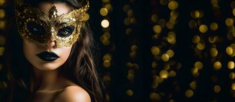 AI generated Beautiful Woman in Mardi Gras Mask and Makeup Mardi Gras copy space banner photo