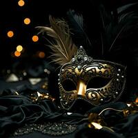 AI generated Mardi Gras party theme with golden colorful carnival face mask happy Mardi Gras dark background photo