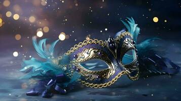 AI generated Carnival Mask or Masquerade Mask for Mardi Gras discount sale post design isolated bokeh background photo