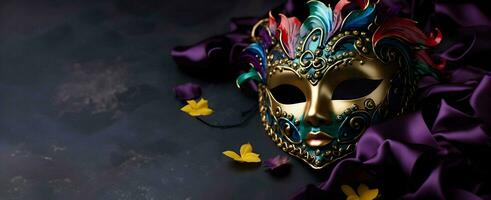 AI generated Mardi Gras Party invitation copy space banner with Elegant carnival mask isolated dark background photo