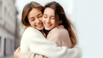 AI generated Happy meeting of two female friends hugging for National Hugging Day photo