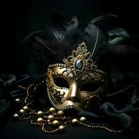 AI generated Mardi Gras party theme with golden colorful carnival face mask happy Mardi Gras dark background photo