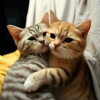 ai generado dos gatitos abrazando juntos en un silla a hogar nacional abrazando día social medios de comunicación enviar foto