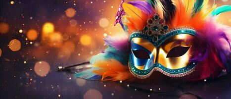 AI generated Mardi Gras copy space banner for design Brazilian carnival party theme with Bokeh Lights background photo
