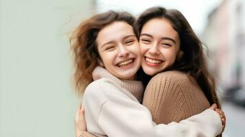 AI generated Laughing female friends hugging outside World Hugging day concept photo