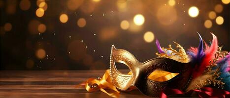 AI generated Mardi Gras Party invitation copy space banner with Elegant carnival mask with Bokeh Light background photo