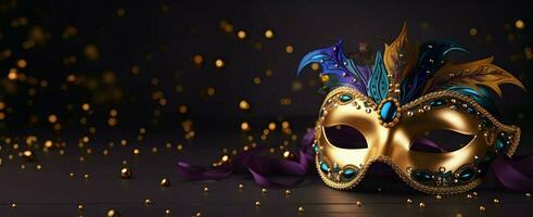 AI generated Mardi Gras sale banner with Carnival mask Mardi Gras isolated Bokeh Lights background photo