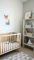 AI generated A stylish children's room with a gray and white color scheme, a wooden crib with a gray crib sheet photo