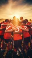 AI generated A group of young soccer players huddled together in a team talk, with the sun setting behind them photo