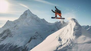 ai generado un snowboarder ejecutando un truco en aire, con el cubierto de nieve montaña en el antecedentes foto