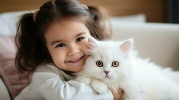 ai generado joven niña participación un mullido blanco gatito en su brazos, ambos mirando contenido y contento foto