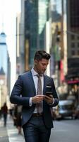 AI generated A man in a suit walking down a busy city street, looking at his phone with skyscrapers in background photo