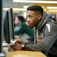 AI generated A student sitting at a desk, looking at a computer screen with a serious expression photo