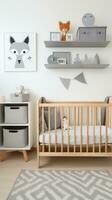 ai generado un elegante para niños habitación con un gris y blanco color esquema, un de madera cuna con un gris cuna sábana foto