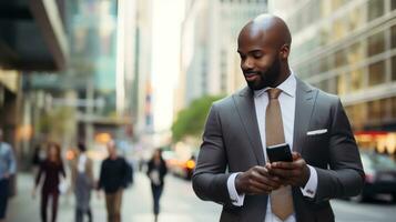 AI generated A man in a suit walking down a busy city street, looking at his phone with skyscrapers in background photo