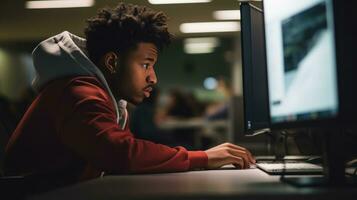 AI generated A student sitting at a desk, looking at a computer screen with a serious expression photo