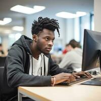 ai generado un estudiante sentado a un escritorio, mirando a un computadora pantalla con un grave expresión foto