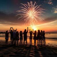 AI generated A festive image of people gathered on a beach with sparklers photo