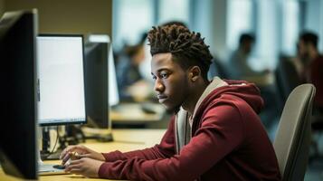 AI generated A student sitting at a desk, looking at a computer screen with a serious expression photo