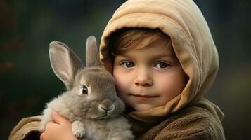 AI generated A sweet image of a child holding a baby bunny in their lap, the two of them snuggled up together photo